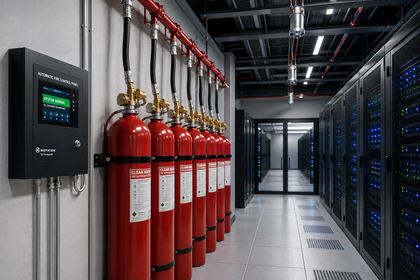 Fire extinguisher cylinders and fixed fire suppression installation in a data centre