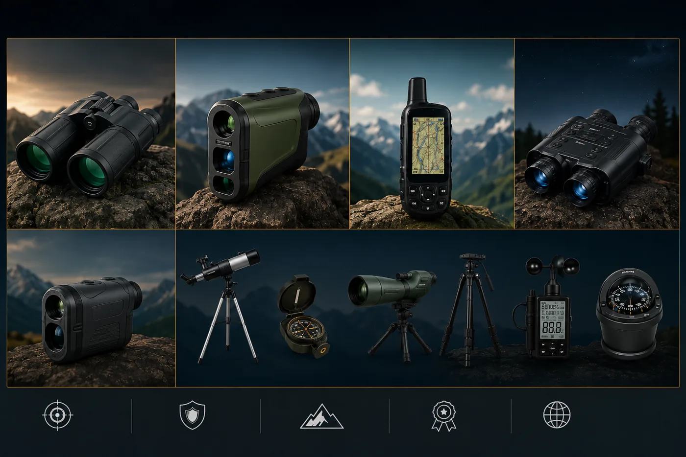 Binoculars, laser rangefinders, handheld GPS units, spotting scopes and marine compasses