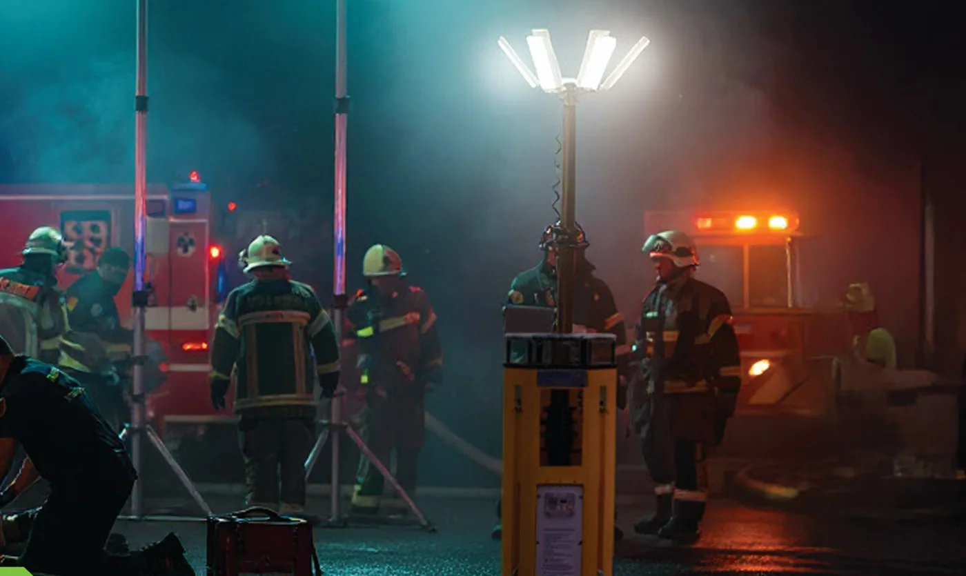 Mobile tower lighting illuminating a night-time emergency response operation