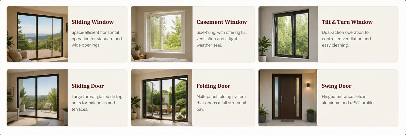 Sliding, casement and tilt-and-turn windows with sliding, folding and swing doors in aluminium and uPVC
