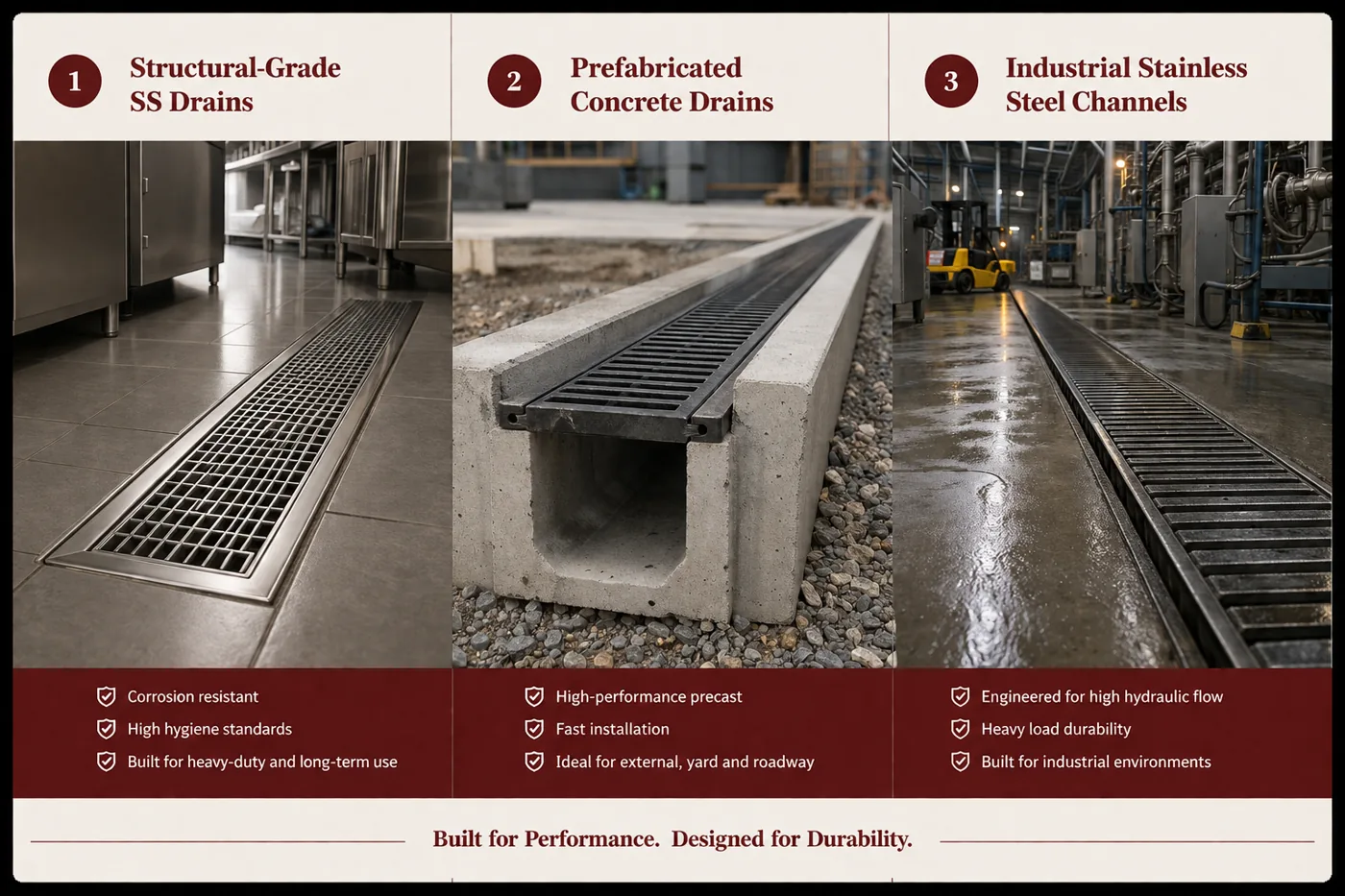 Structural-grade stainless steel drains, prefabricated concrete drains and industrial stainless steel channels