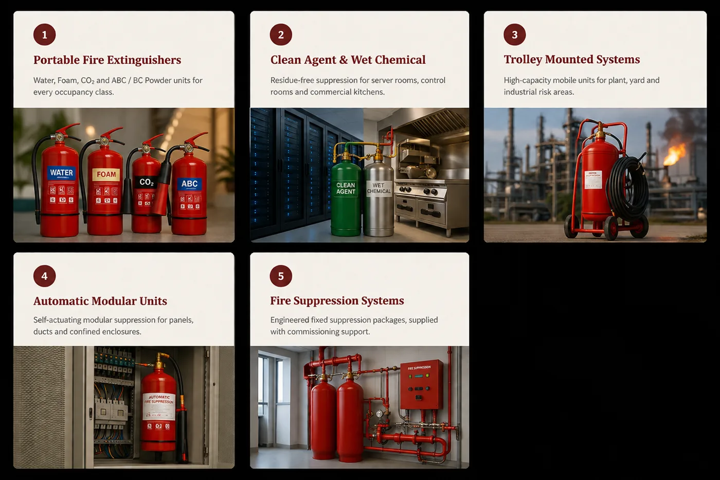 Portable fire extinguishers, clean agent and wet chemical systems, trolley-mounted systems, automatic modular units and fire suppression systems